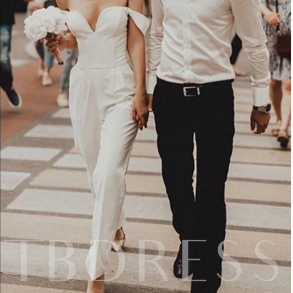 Trendy, white, bridal off shoulder jumpsuit